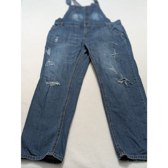 FOREVER 21 Bib Overalls Sz 28 Button Up Blue Medium Wash Denim Distressed Y2k - Picture 2 of 14